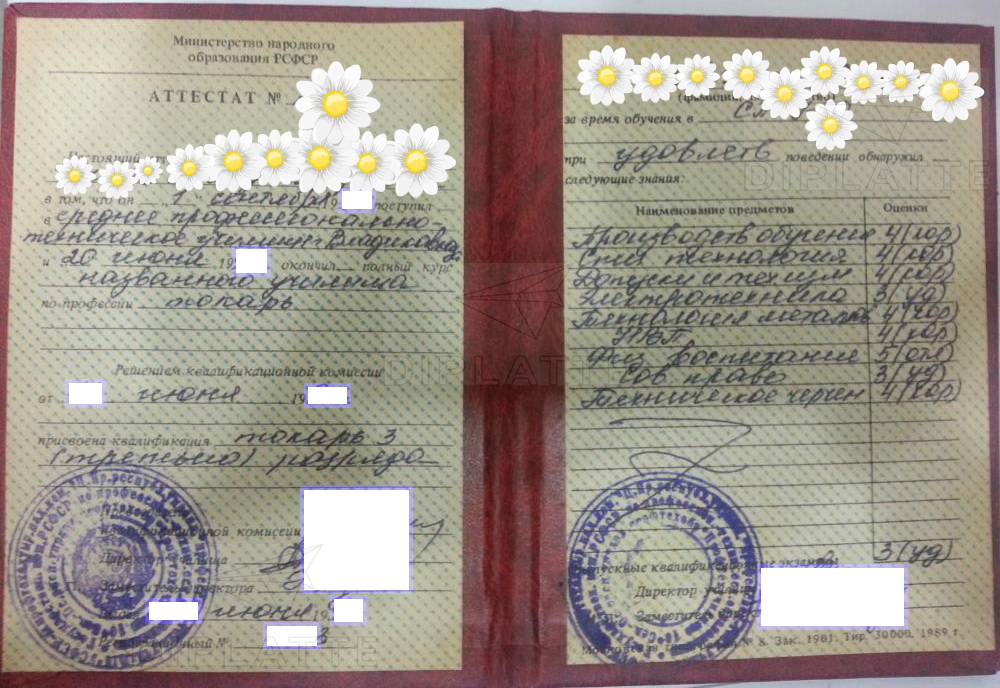Аттестат (диплом) СПТУ г. Владикавказа РСФСР 1998 г.