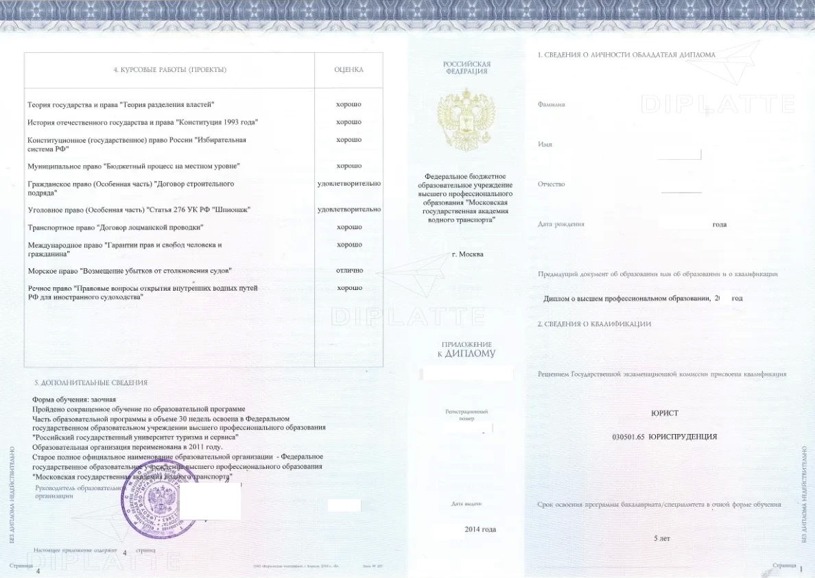 Приложение к диплому МГАВТ магистра юриспруденции 2014 года